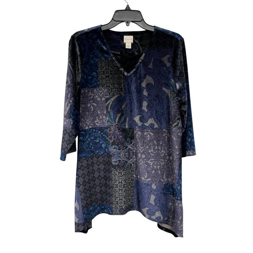 Chico’s Womens 1 (M/8) Plush Velour Tunic Blouse Criss Cross V Neck Used
